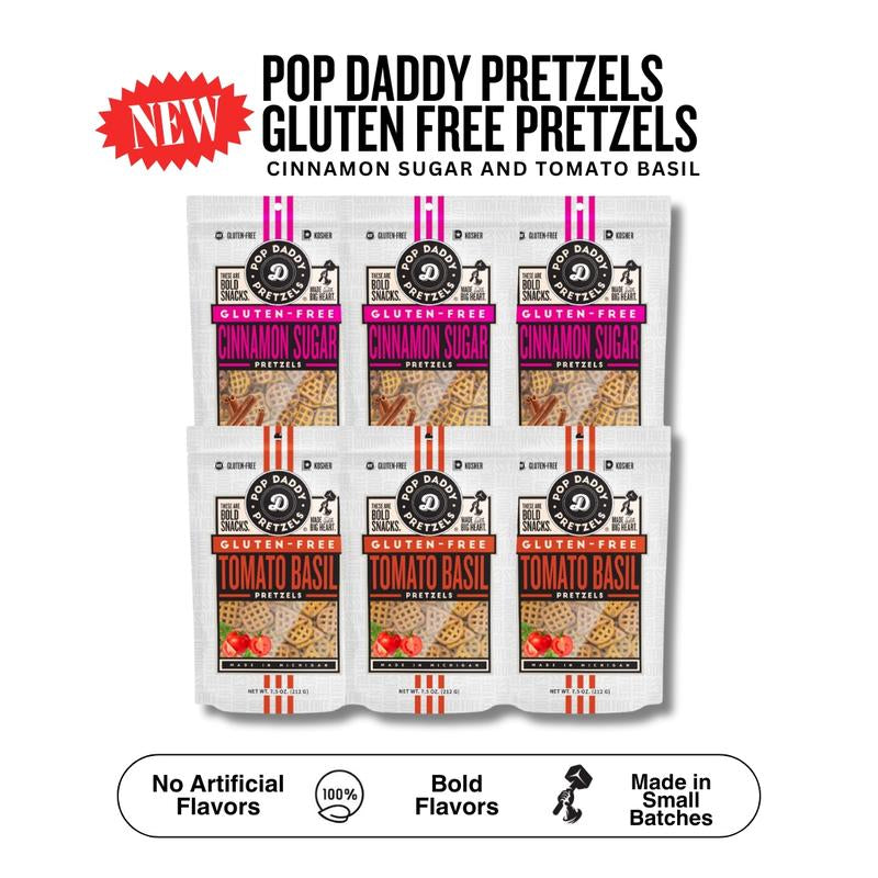 Pop Daddy NEW Gluten Free Pretzels - 6 Pack | Cinnamon Sugar | Tomato Basil | 7.5Oz Snack Crunchy Crispy