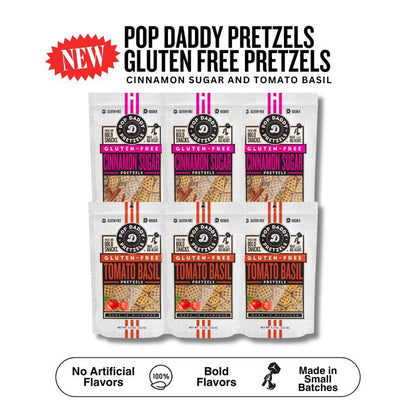 Pop Daddy NEW Gluten Free Pretzels - 6 Pack | Cinnamon Sugar | Tomato Basil | 7.5Oz Snack Crunchy Crispy