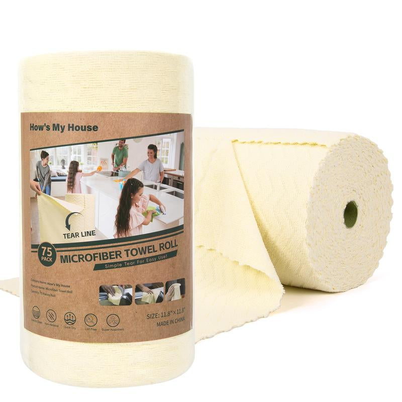 How'S My House Microfiber Cleaning Cloth Roll -75 Pack, Tear Away Microfiber Towels, 12" X 12", Reusable, Washable, Scratch Free, Ultra Absorbent Dish Rags for Car, Home, Garage or Shop
