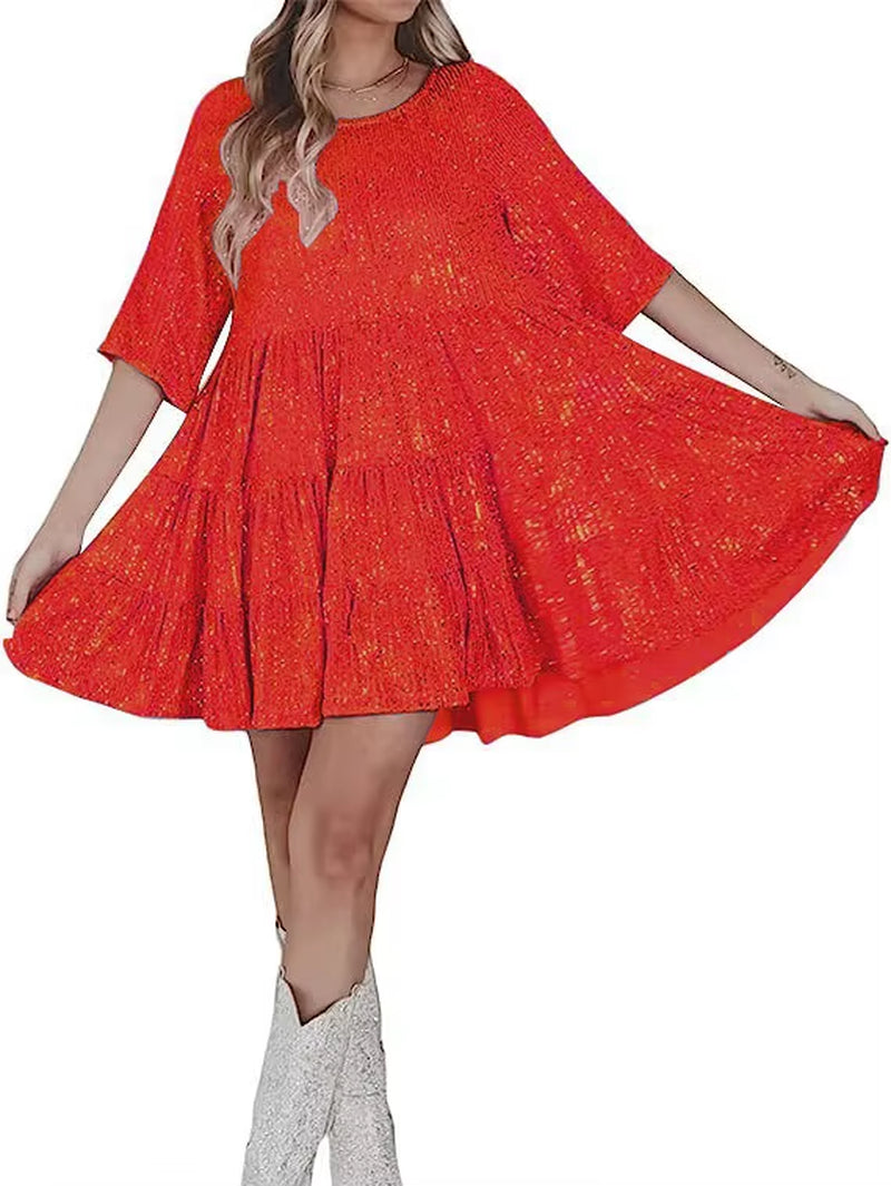 Plus-Size Elegant Fashion Sequins round Neck Loose Short-Sleeved Dress Dinner Dress Plus-Size Women'S Clothing