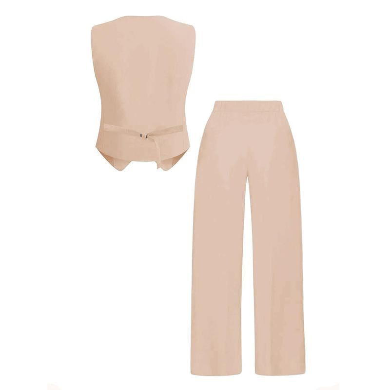 Katchme Women'S Commuter Plain V Neck Button-Up Tank Top & High Waist Trousers Co-Ord, Summer Sets, Versatile Two-Piece Outfits, Casual Womenswear