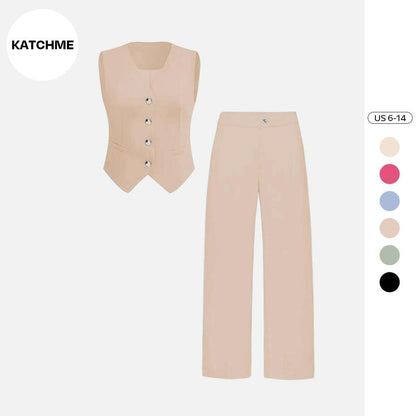 Katchme Women'S Commuter Plain V Neck Button-Up Tank Top & High Waist Trousers Co-Ord, Summer Sets, Versatile Two-Piece Outfits, Casual Womenswear
