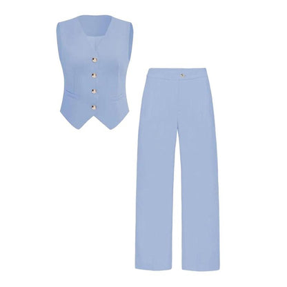 Katchme Women'S Commuter Plain V Neck Button-Up Tank Top & High Waist Trousers Co-Ord, Summer Sets, Versatile Two-Piece Outfits, Casual Womenswear